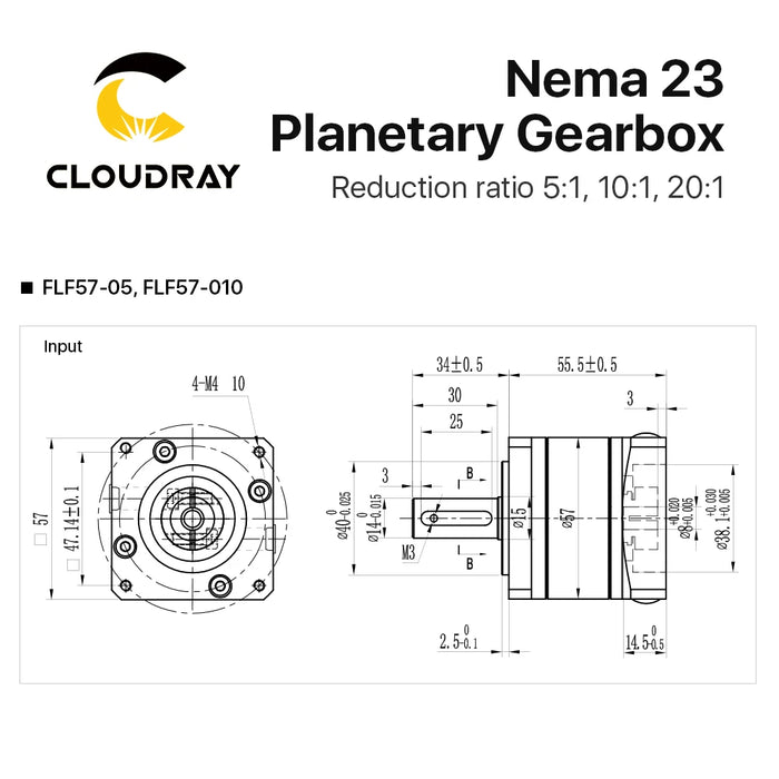 Cloudray Nema 23 Planetary Gearbox Motor Speed Reducer with Ratio 5:1,