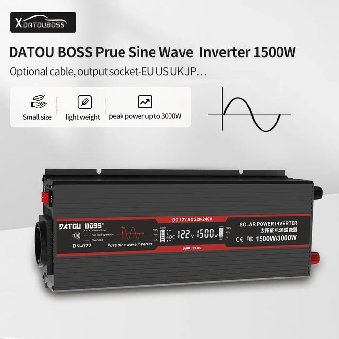 DATOU BOSS Pure Sine Wave Inverter – 12V DC to 220V AC, 1500W High-Efficiency Power Solution with Remote Control