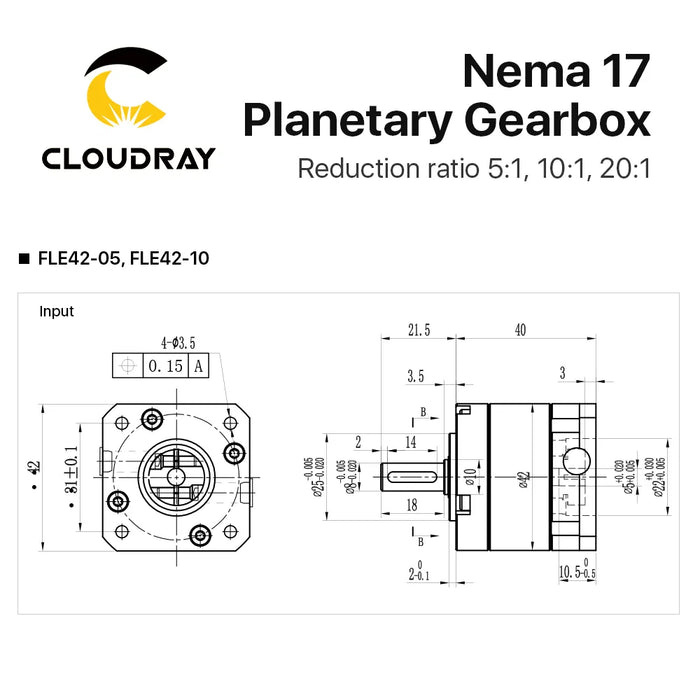 Cloudray Nema 17 Planetary Gearbox - Speed Reducer with Ratios 5:1, 10:1, 20:1