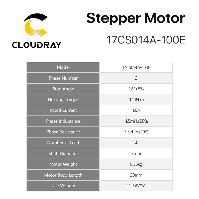 Cloudray Nema 17 20mm 2-Phase Open Loop Stepper Motor 0.4N.m, 1.0A, Shaft Diameter 5mm