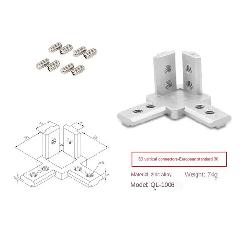 3-Way End Corner Bracket Connector for Modular Aluminum Profile System – Sizes 20x20, 30x30, 40x40