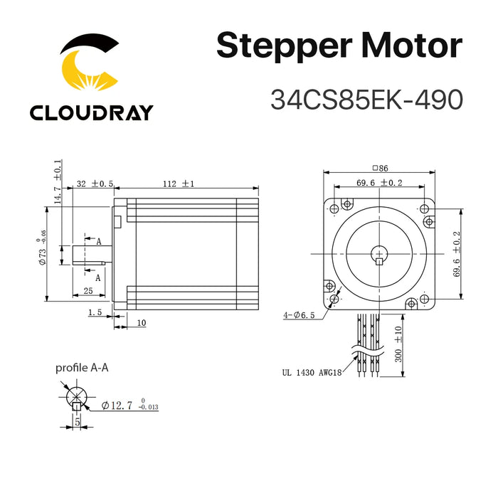 Cloudray Nema 34 Open Loop Stepper Motor 8.5N.m 4.9A 12.7mm Shaft