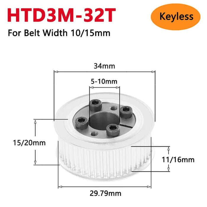 HTD3M 32 Teeth Keyless Timing Pulley 32T HTD-3M Expansion Sleeve