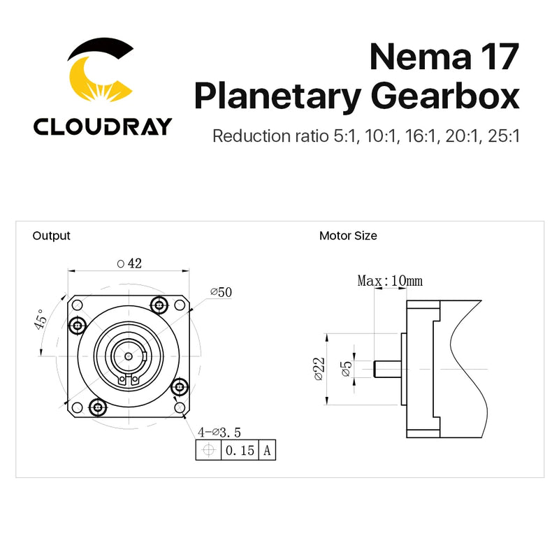 Cloudray Nema 17 Planetary Gearbox - Speed Reducer with Ratios 5:1, 10:1, 16:1, 20:1, 25:1