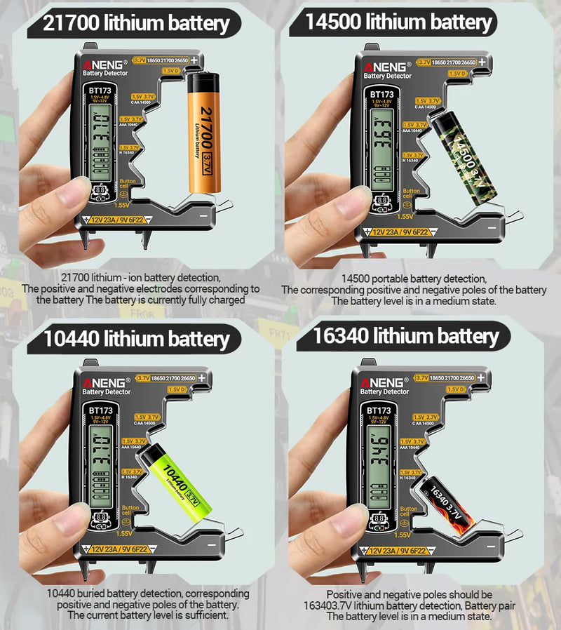 BT173 Universal Battery Tester – AA AAA C D N 9V and Button Cell Battery Meter with LCD Level Display