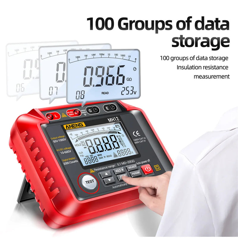 MH12 Digital Megohmmeter – Insulation Resistance Tester (50V/100V/250V/500V/1000V) with AC/DC Voltmeter, PI, Auto Discharge, Data Storage