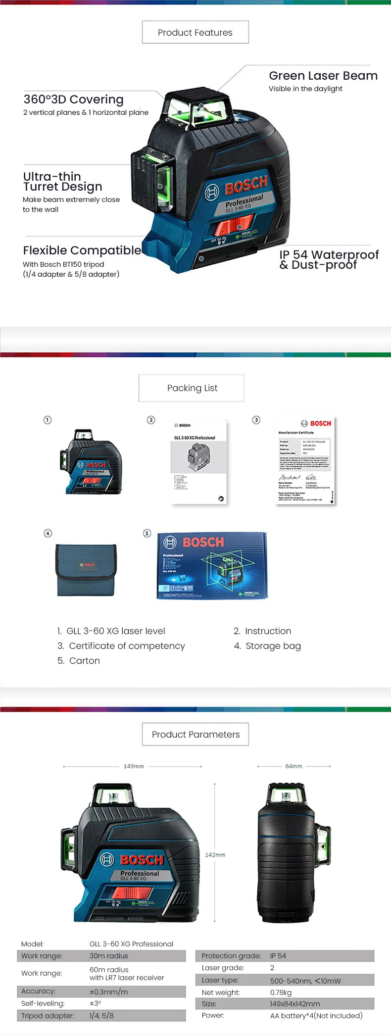 Bosch GLL 3-60 XG 3D Green Laser Level 12 Lines 3 × 360°