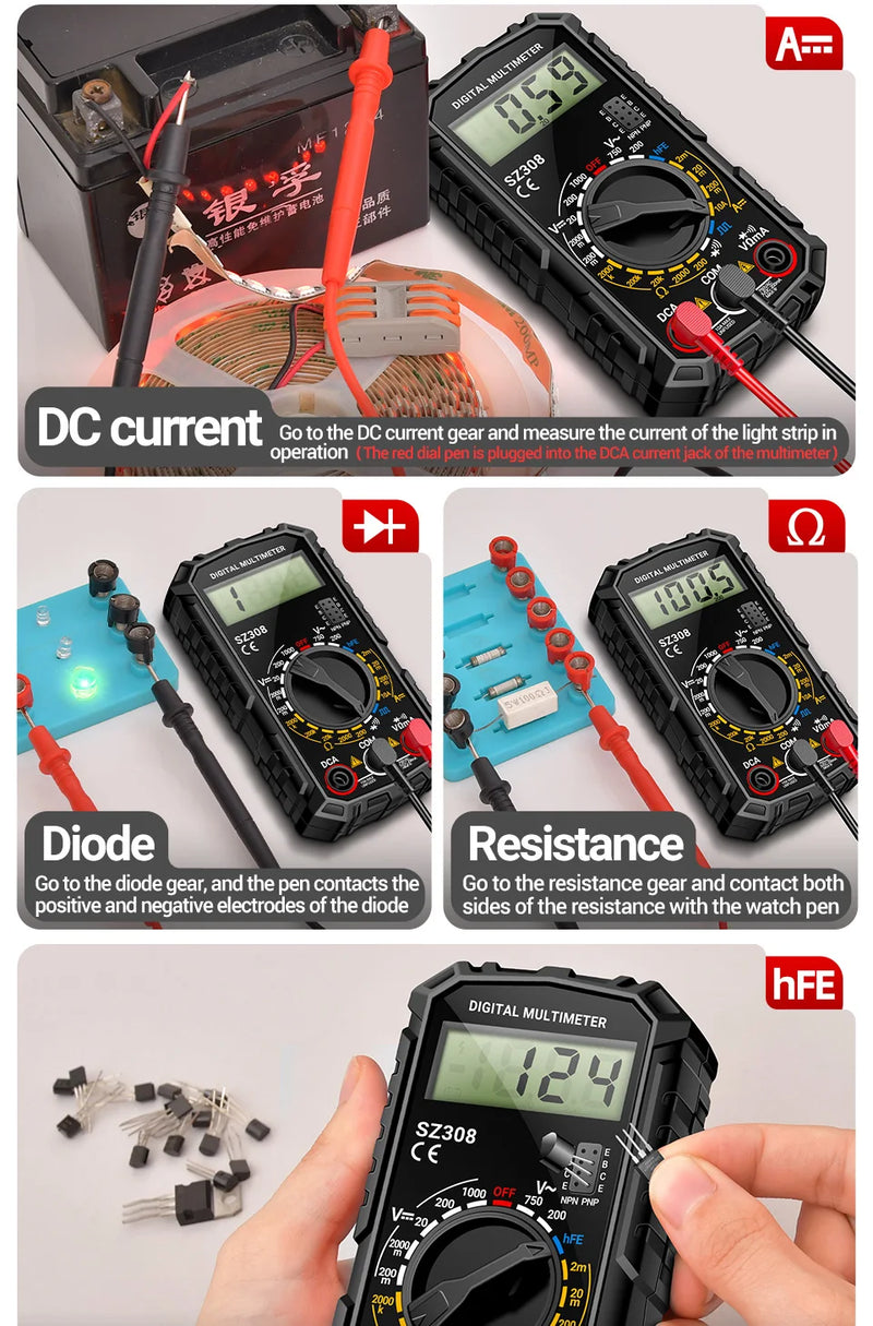 SZ308 Digital Multimeter – AC/DC Voltage & Current Meter, Resistance, Diode, hFE, Square Wave, LCD Backlight