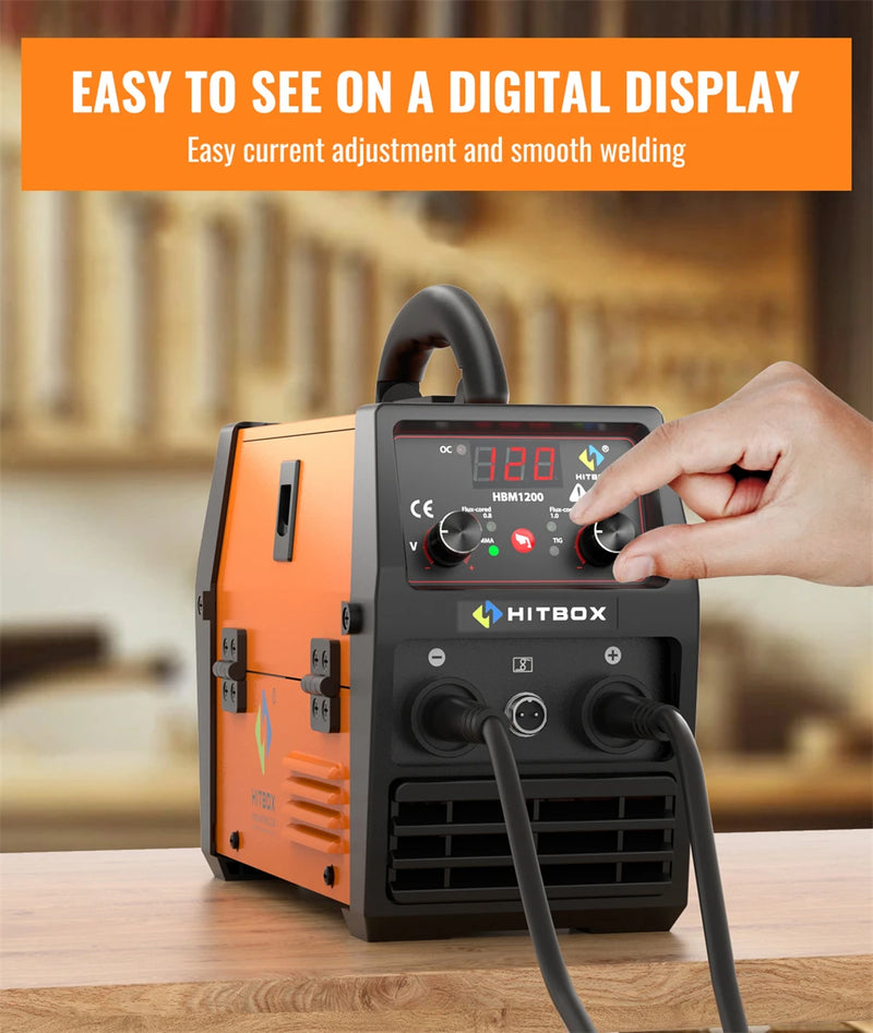 220V HITBOX HBM1200 Welding Machine – MIG/TIG Inverter Welder with Torch, Gasless Arc Welding, Supports 0.8–1.0 mm Wire
