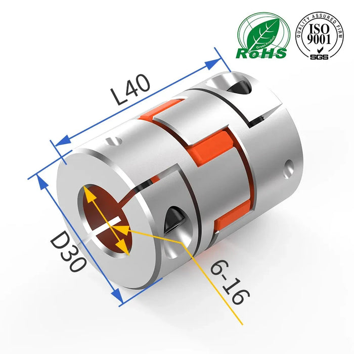 Aluminum Plum Flexible Coupler 3 Jaws D30L40 (6x6 to 16x16mm Inner Diameter)