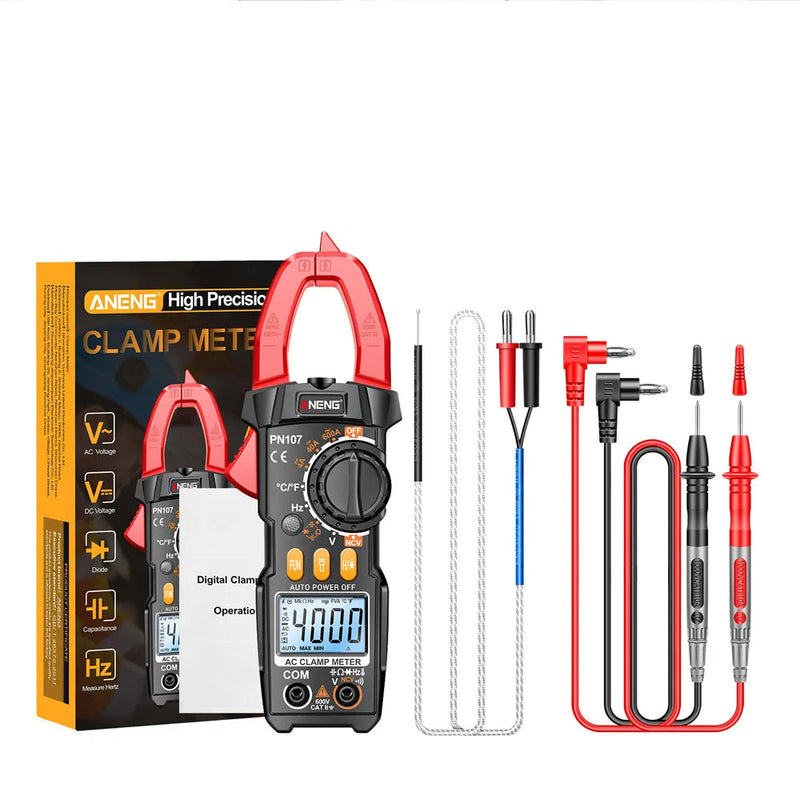 PN107 Digital Clamp Meter – 600A AC Current Clamp, AC/DC Voltage 600V, Resistance, Capacitance, Frequency, Temperature, NCV, Backlight & Flashlight
