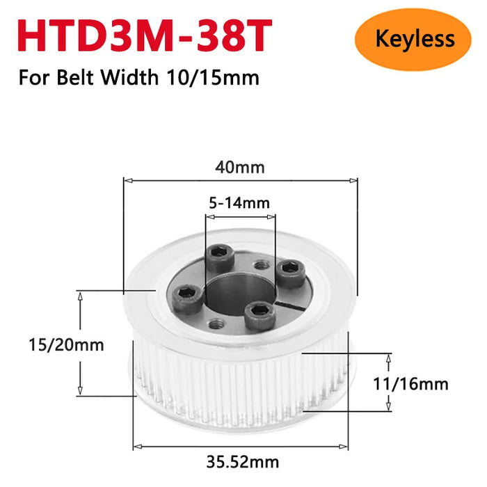 HTD3M 38 Teeth Keyless Timing Pulley 38T HTD-3M Expansion Sleeve