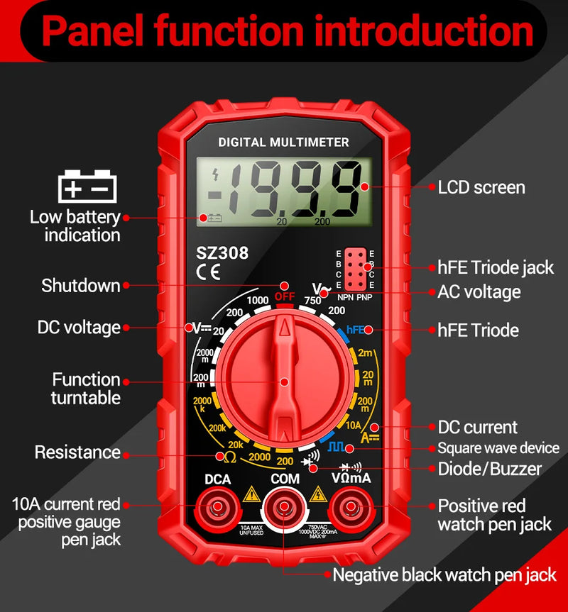 SZ308 Digital Multimeter – AC/DC Voltage & Current Meter, Resistance, Diode, hFE, Square Wave, LCD Backlight