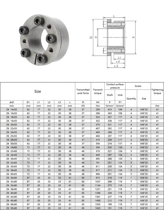 Z6 Expansion Sleeve Shaft Locking Device Assembly, Diameter 14x55 to 50x80mm