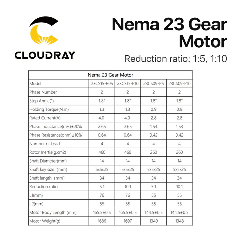 Motor paso a paso Cloudray Nema 23, caja de cambios planetaria de 4 conductores 0,9/1,3 Nm 
