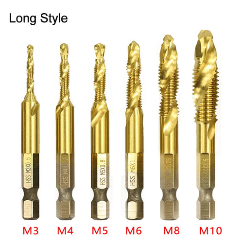 1/6 PCS Tap Drill Bit Set - Hex Shank Titanium Plated HSS Screw Thread Metric Taps