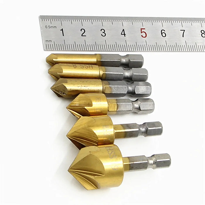 6pcs Countersink Drill Bit Set 1/4'' Hex Shank HSS 5 Flute Countersink