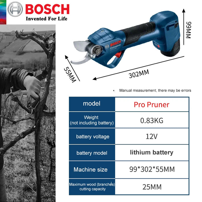 Bosch Pro Pruner Cordless Electric Pruning Shears – 12V Brushless Pruner for Fruit Trees with 3.0Ah Battery