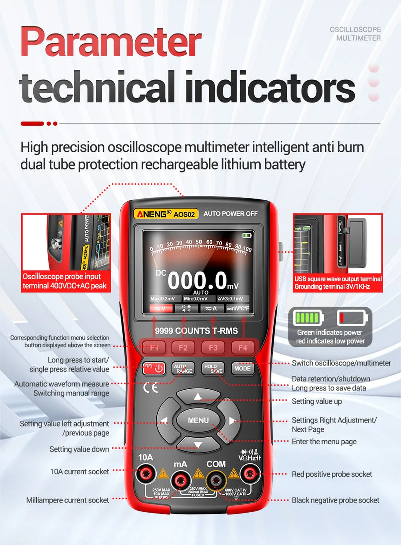 AOS02 Smart Oscilloscope Multimeter – 10MHz Handheld Scope + 9999-Count True RMS Multimeter, Waveform Storage, 48MSa/s, USB Export