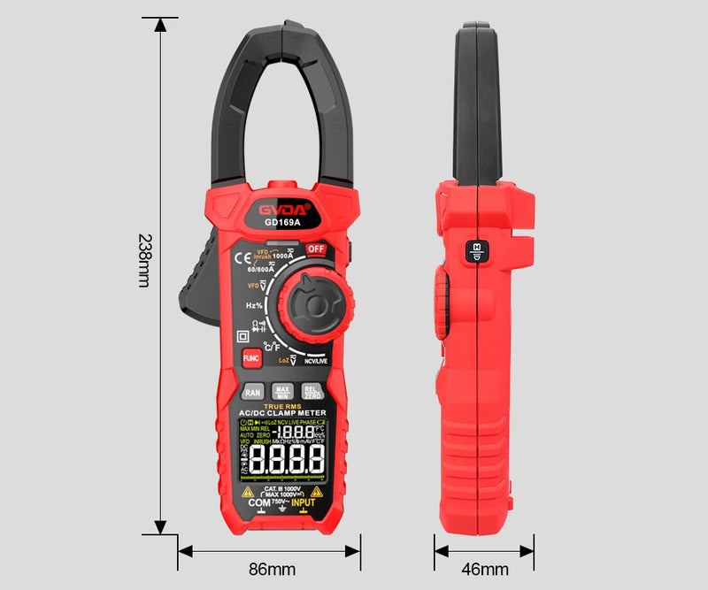 GD169A Digital Clamp Meter – 1000A AC/DC True RMS, 1000V DC / 750V AC, VFD Mode, Inrush Current, LowZ, NCV, Temperature, Capacitance, Frequency