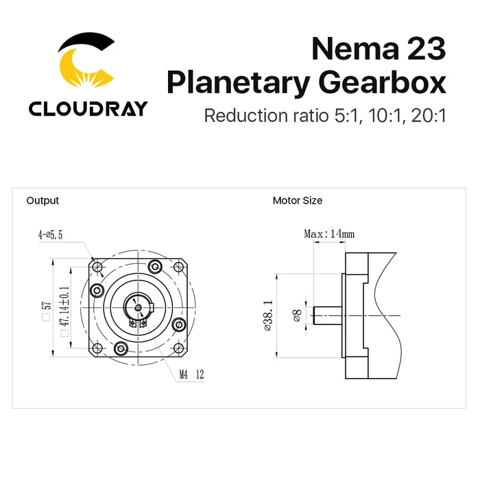 Cloudray Nema 23 Planetary Gearbox Motor Speed Reducer with Ratio 5:1,