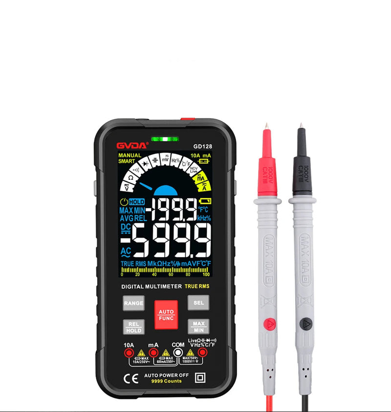 GD128 Smart Digital Multimeter – 9999 Counts True RMS Auto Range, AC 750V / DC 1000V, 9.99A, NCV/Live Test, Capacitance, Frequency, Duty, REL, MAX/MIN/AVG