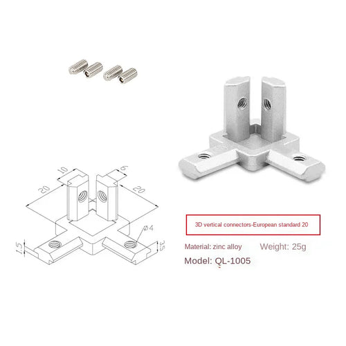 3-Way End Corner Bracket Connector for Modular Aluminum Profile System – Sizes 20x20, 30x30, 40x40