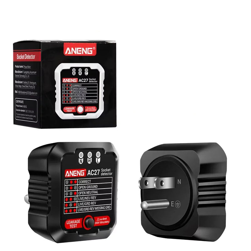 AC27 / AC28 Digital Socket Tester – Polarity Detector, Voltage Test, RCD 30mA Test, Circuit Breaker Finder Support (EU/US Plug)
