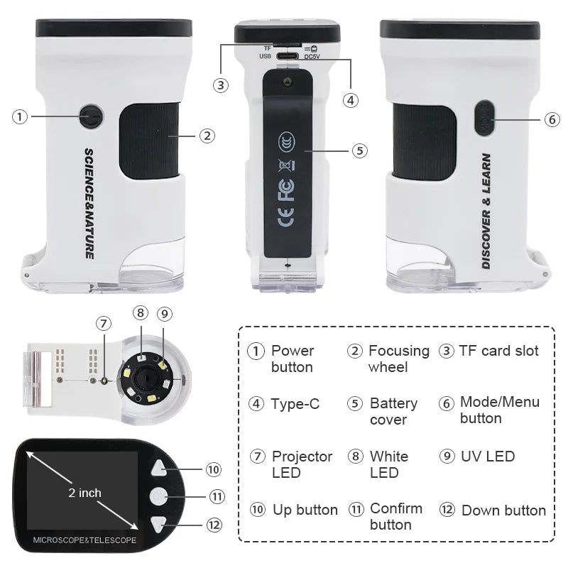 Tragbares Digitalmikroskop – 800-facher Zoom, HD-Bildschirm, tragbares Mini 