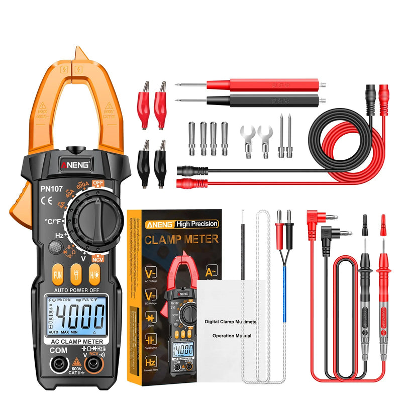 PN107 Digital Clamp Meter – 600A AC Current Clamp, AC/DC Voltage 600V, Resistance, Capacitance, Frequency, Temperature, NCV, Backlight & Flashlight