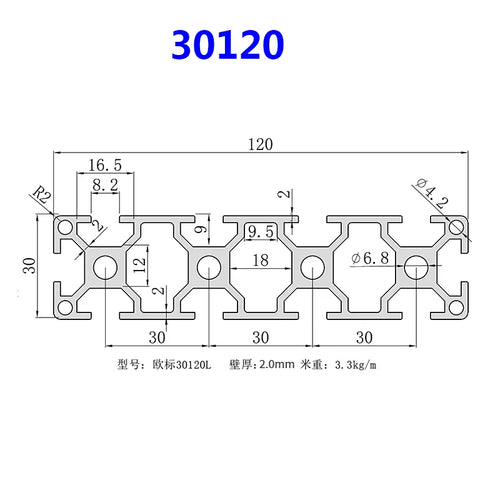 30x30, 30x60, 30x90, 30x120, 30x150 T-Slot Modular Aluminum Profile System