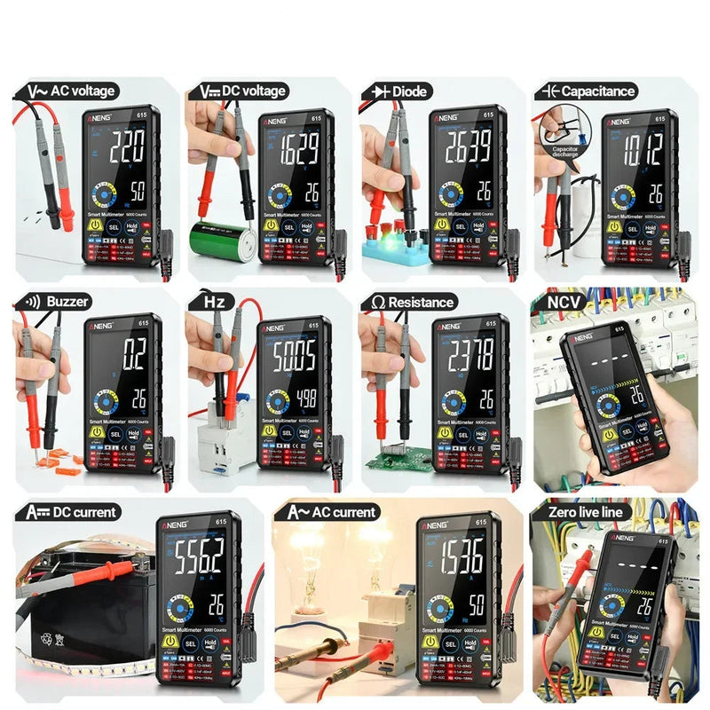 615 Rechargeable Smart Digital Multimeter – 6000 Counts Touch Screen, AC/DC 600V, 10A, NCV, Frequency to 60MHz, Resistance 60MΩ, Capacitance 60mF, Temperature, CAT III 600V