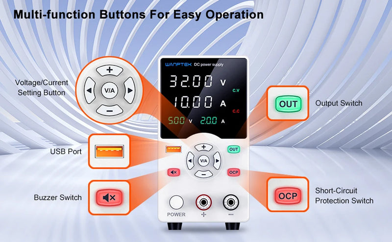 GA3010B Adjustable DC Bench Power Supply 32V 10A with USB Display – Digital Lab Voltage Regulator
