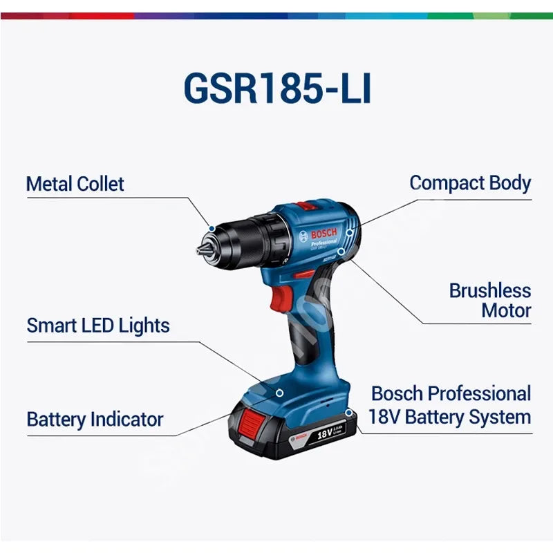 Bosch 18V Brushless Cordless Drill Driver GSR 185-Li (Electric Screwdriver)