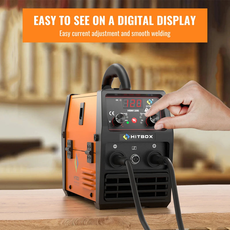 220V HITBOX HBM1200 Welding Machine – MIG/TIG Inverter Welder with Torch, Gasless Arc Welding, Supports 0.8–1.0 mm Wire