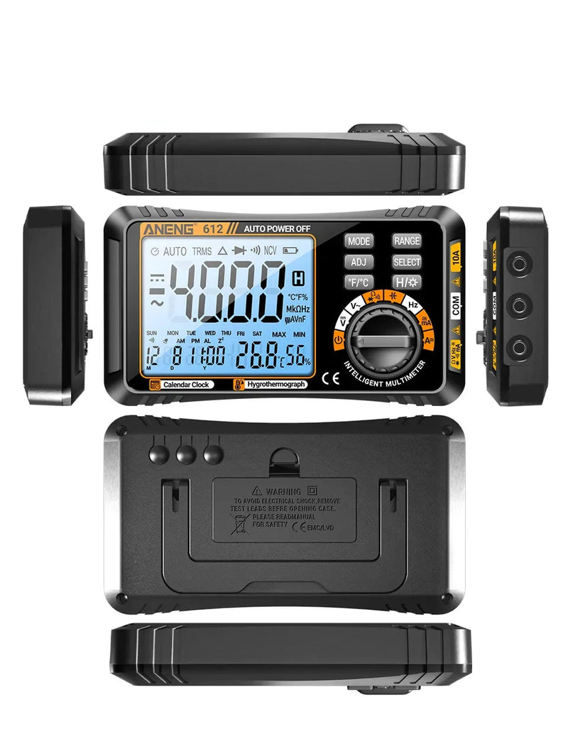 612 Smart Digital Multimeter (3-in-1) – 4000 Count AC/DC 600V, 10A, Capacitance 40mF, Frequency, Temperature, Humidity, Backlight, 16-in-1 Leads