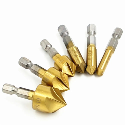 6pcs Countersink Drill Bit Set 1/4'' Hex Shank HSS 5 Flute Countersink