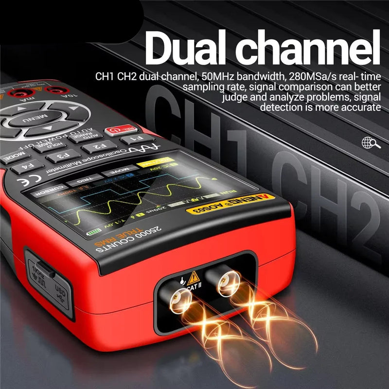 AOS03 Handheld Oscilloscope Multimeter – 2 Channels, 50MHz Bandwidth, up to 280MS/s, 250,000 wfm/s, 128KB Record, 3-in-1 Scope + Multimeter + Signal Generator