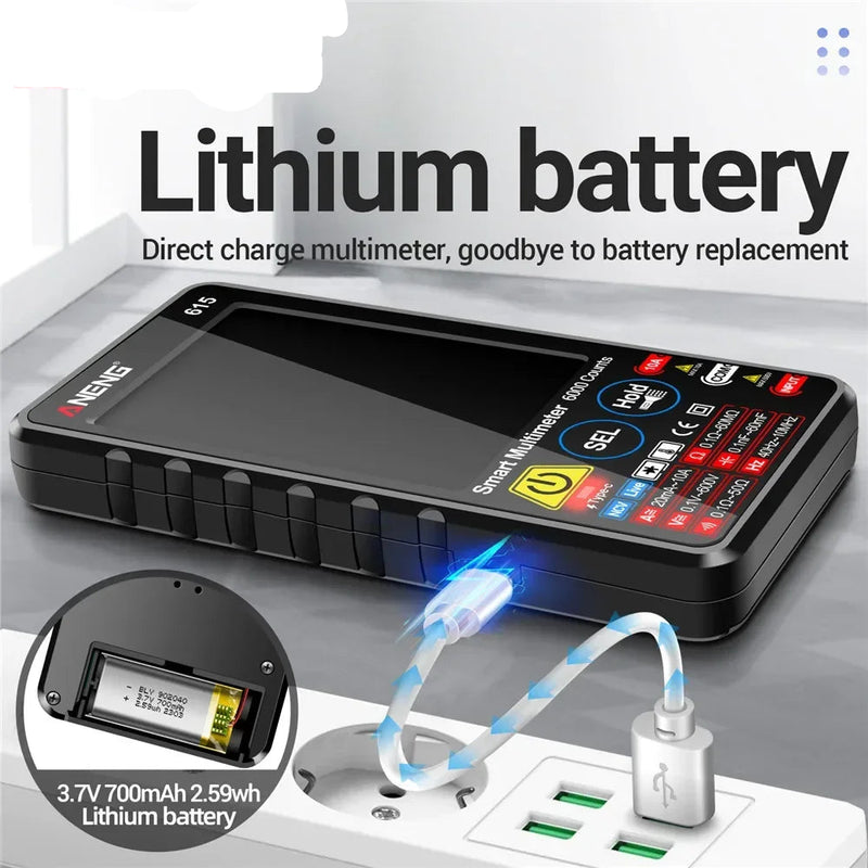615 Rechargeable Smart Digital Multimeter – 6000 Counts Touch Screen, AC/DC 600V, 10A, NCV, Frequency to 60MHz, Resistance 60MΩ, Capacitance 60mF, Temperature, CAT III 600V