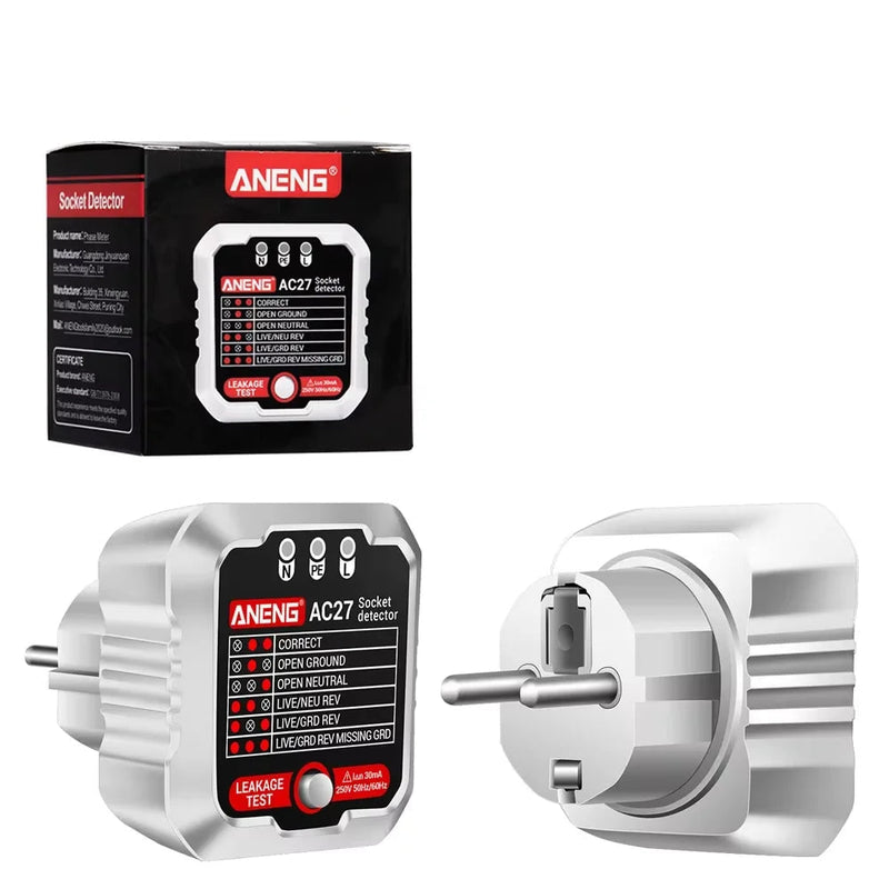 AC27 / AC28 Digital Socket Tester – Polarity Detector, Voltage Test, RCD 30mA Test, Circuit Breaker Finder Support (EU/US Plug)