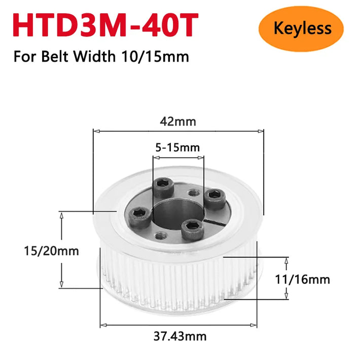 HTD3M 40 Teeth Keyless Timing Pulley 40T HTD-3M Expansion Sleeve