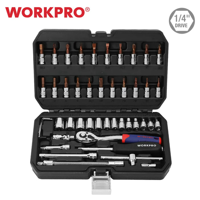 Juego de herramientas WORKPRO 35-48PCS para herramientas de reparación de automóviles, juego de enchufes métricos de 1/4"