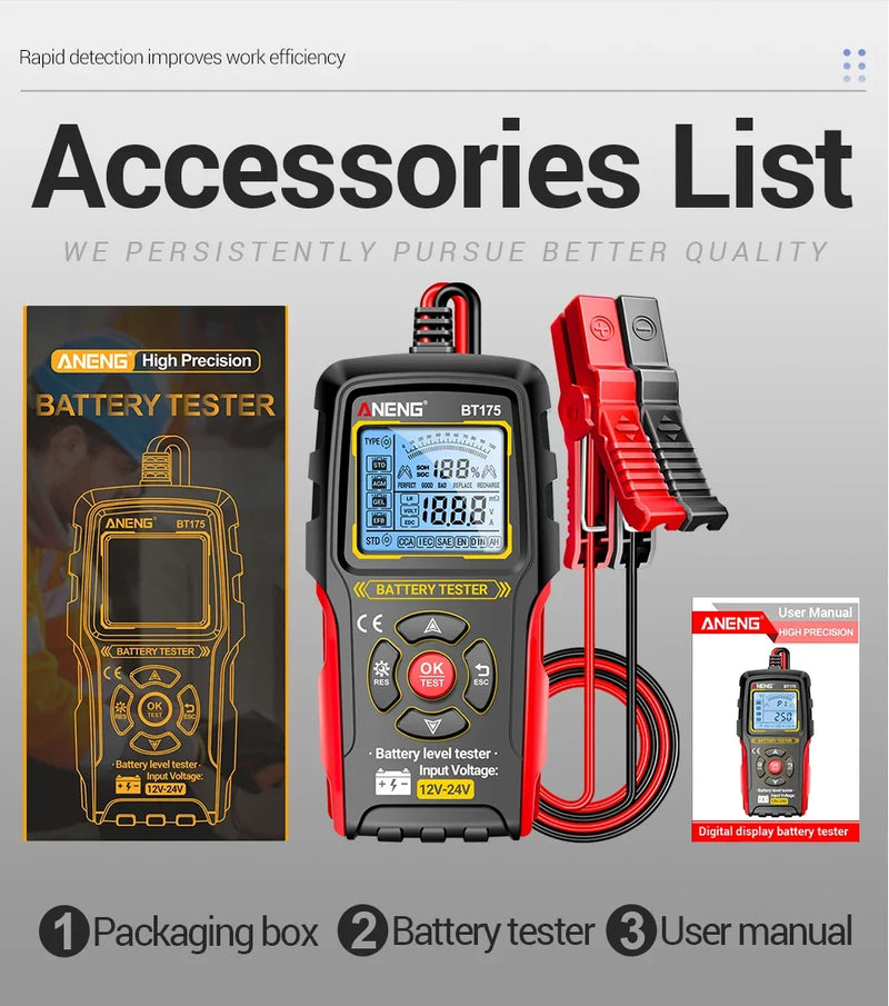 BT175 Car Battery Tester – 12V/24V Lead-Acid Battery Analyzer (8–36V) with CCA, Internal Resistance, SOC/SOH, Alternator/Charging Check, Insulated Alligator Clips