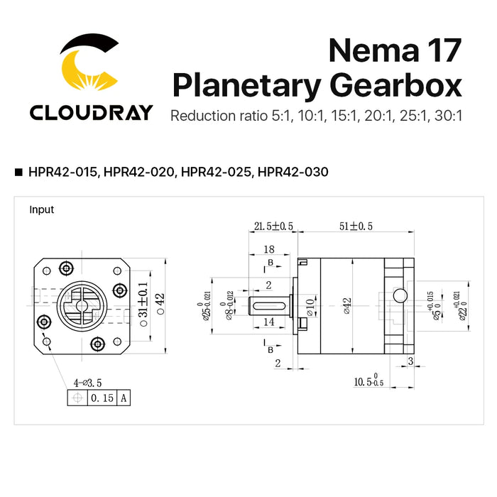 Cloudray Nema 17 Planetary Gearbox - Speed Reducer with Ratios 5:1, 10:1, 15:1, 20:1, 25:1, 30:1