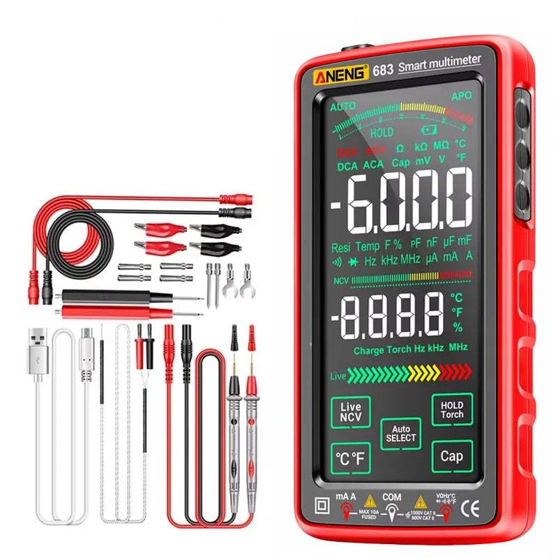 683 Smart Rechargeable Digital Multimeter – 6000 Counts Touch Meter, Auto Range, AC/DC Voltage & Current, Resistance, Capacitance, Frequency, NCV