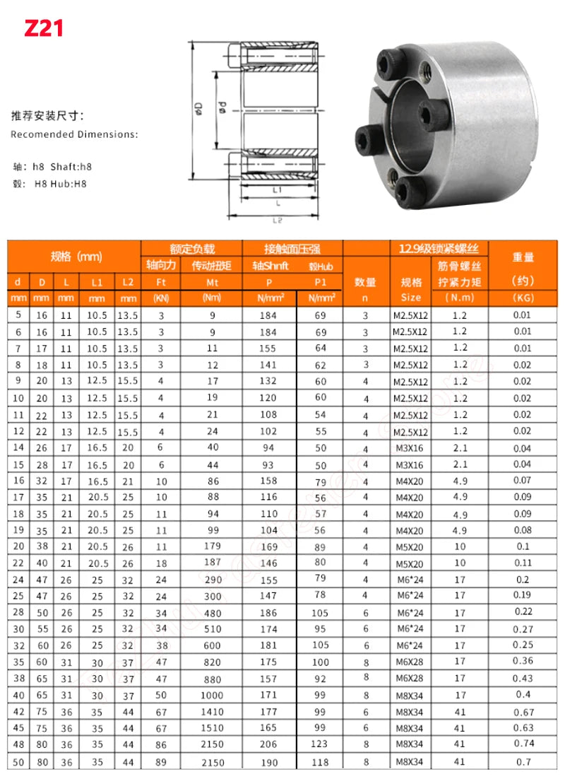 Z21 Manga de expansión Manga de tensión Conexión de buje sin llave 
