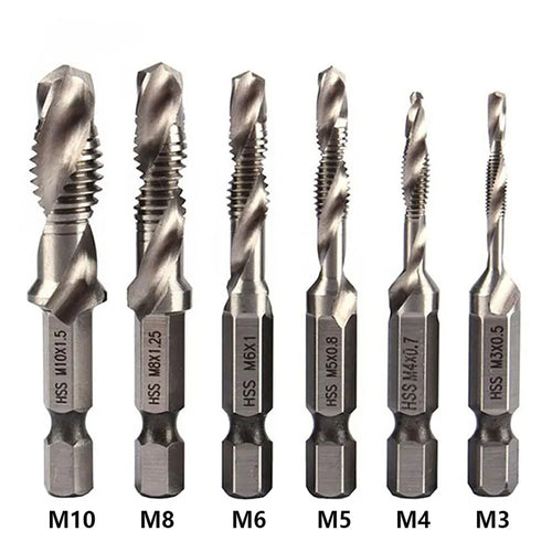 1/6 PCS Tap Drill Bit Set - Hex Shank Titanium Plated HSS Screw Thread Metric Taps