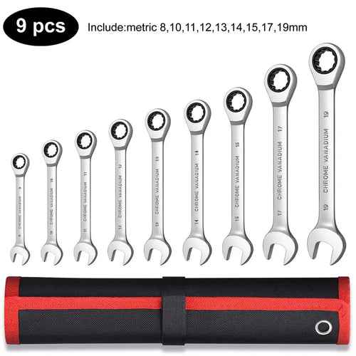 Metric Ratcheting Wrench Set – Combination Ring Ended Gear Spanner Kit with Rolling Pouch, CR-V Full Polished