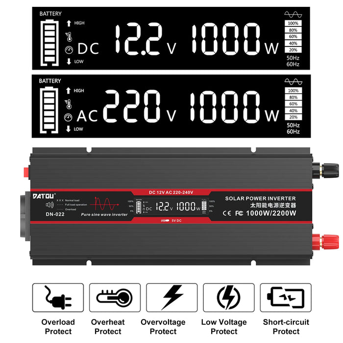 DATOU BOSS Pure Sine Wave Inverter – 12V DC to 220V AC, 1500W High-Efficiency Power Solution with Remote Control