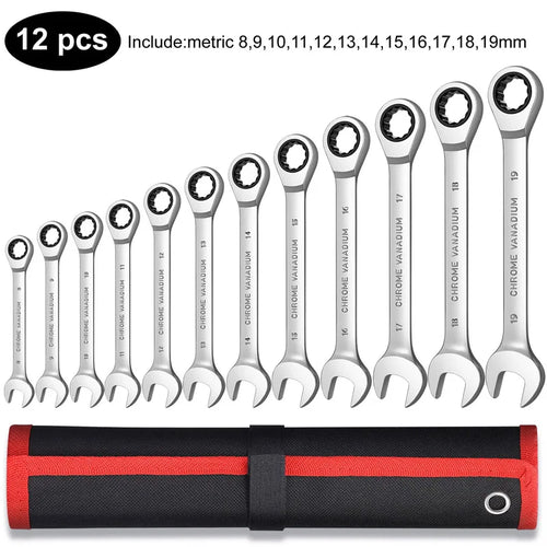 Ratcheting Combination Wrench Set,12 Point Box End and Open End Wrench